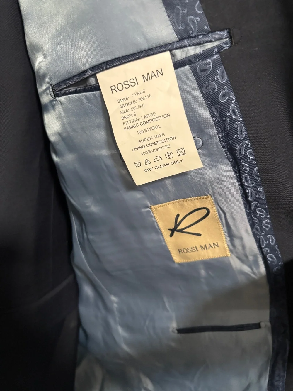 Rossi Man NWT Navy Blue 3-Piece Wool Suit 50L/44L